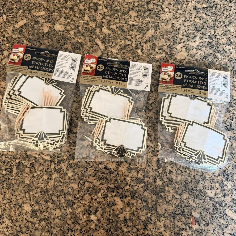Amscan Foil‎ Label Picks Set Of 3 Packs 72 Gold Art Deco Food Flags 3.5 In Party